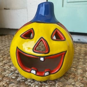 Talavera Jack-O-Lantern pumpkin, colorful fun Halloween decor, candle holder